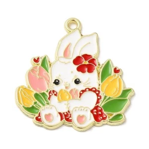 5 Cute White Easter Bunny Rabbit with Tulip Flowers Gold Tone Pendants - Picture 1 of 2