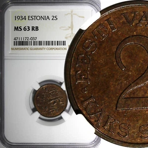 ESTONIA Bronze 1934 2 Senti NGC MS63 RB 1 YEAR TYPE NICE TONED KM# 15 (037) - Picture 1 of 4