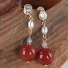 South red agate pearl moonstone beads GemstoneEarring 18KGP Chandelier Clip-on