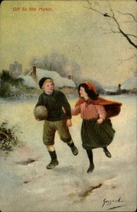 Postal vintage Off to the Match niños jugando en la nieve - Imagen 1 de 2