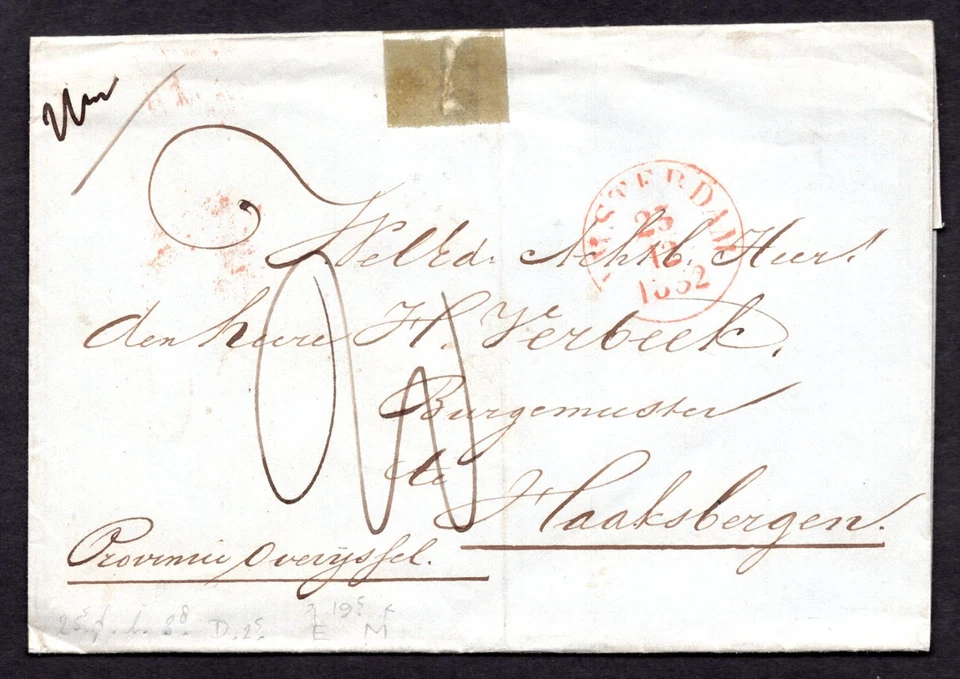 NETHERLANDS 1852 "AMSTERDAM 23.12.1852" CANCEL IN RED ON FOLDED COVER - Image 1 of 2