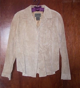 Brandon Thomas Leather Suede Womens Beige Front button Blazer Jacket Size L - Picture 1 of 4