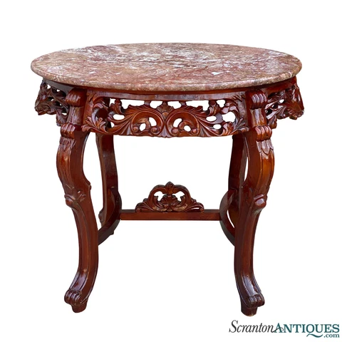 Vintage Victorian Heavily Carved Oval Red Marble Top Occasional Table Cover