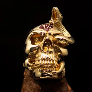 MENS BRASS OUTLAW SKULL AND SNAKE BIKER RING 1% ONE PERCENTER RED SIZE 12.5 - Picture 1 of 7