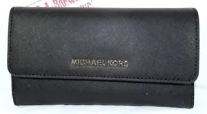 MICHAEL KORS JET SET TRAVEL Pelle Saffiano Nera GRANDE PORTAFOGLIO TRIPLO - Foto 1 di 11