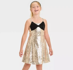 Girls' Sleeveless gold Sequin Skater Velvet Bow Dress - Cat & Jack Size S - 6-7 - Picture 1 of 7