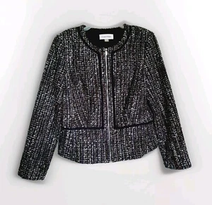 Calvin Klein Tweed Zip-Front Metallic Collarless Blazer Jacket Purple Multi 12 - Bild 1 von 8