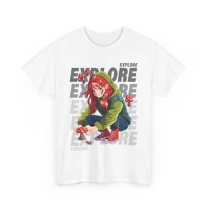 Unisex Mushroom Foraging Anime Girl Adventure Explore Graphic T-shirt Design - Picture 1 of 13