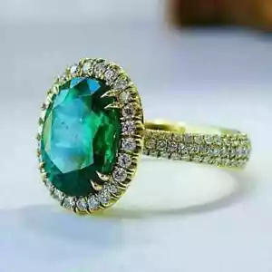 3Ct Oval Cut Natural Green Emerald Halo Engagement Ring 14K Yellow Gold Plated - Picture 1 of 8