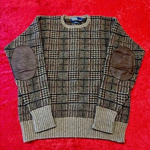 POLO Ralph Lauren Brown / Tan Plaid Crew Neck Pullover Sweater Leather Patches L - Picture 1 of 14