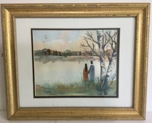 Patricia Corey, Portland ,Maine -Vintage Watercolor Couple Lake Mountains Framed - Picture 1 of 8