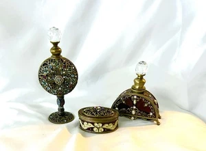Vintage Small Empty Glass Refillable Perfume Bottle With Jewel Embellish 3pc - Picture 1 of 9