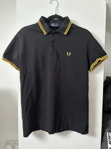 Fred Perry Black Pique Polo Shirt Yellow Twin Tip Men’s Small - Picture 1 of 4