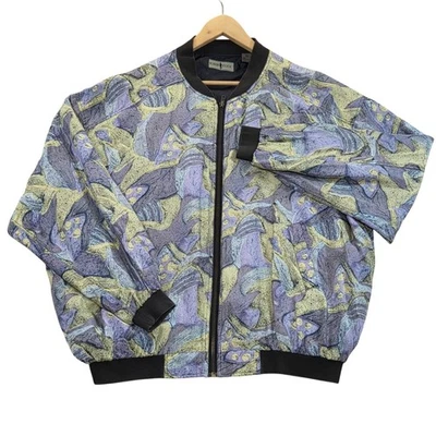 Chaqueta de bombardero de colección Y2K Robert Stock mezcla de seda estampado abstracto cortavientos para hombre XL Foto 1 de 4