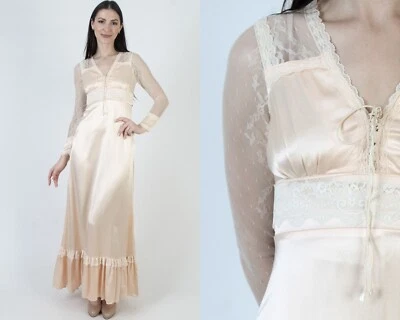 Vestido maxi vintage Gunne Sax cetim Jessica McClintock pradaria espartilho casa de campo - Imagem 1 de 4