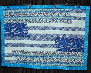 Vtg HandMade Baby Kindermat Quilt Blanket Throw Blue Shark Satin Ribbon 35x49.5” - Picture 1 of 24