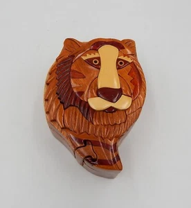 Tiger Carved Wood Puzzle Round Box Wooden Intarsia Keepsake Trinket Hidden - Picture 1 of 8