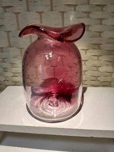 Cranberry Hand Blown Ruffled Vase Etched Stars 1806 Cl Signed - Picture 1 of 9