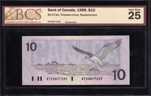 Billete de 10 dólares de repuesto de Canadá 1989 Thiessen-Crow clasificación BCS en estado bastante bueno 25 - Imagen 1 de 2
