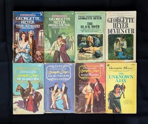 Lot Of 8 Georgette Heyer Books Pistols False Colours Ajax Devils Cub Black Moth - Picture 1 of 16