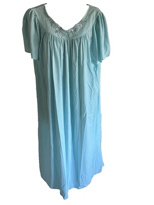Miss Elaine Classic Vintage Silky Aqua Long NightGown Short Flare Sleeve Plus 1X - Image 1 of 4
