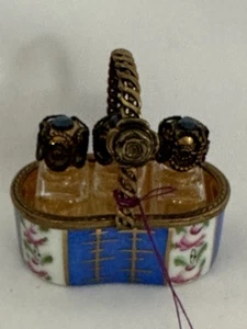 Limoges Box Basket with 3 Fine Crystal Perfume Bottles - Cobalt Bevel Jewel Tops - Picture 1 of 10