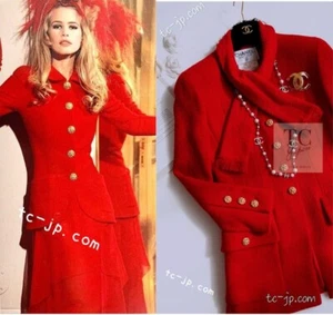 CHANEL 92A Collectible Scarlet Red Wool Tweed Jacket Coat Gold Button 36 38 - Picture 1 of 22