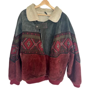 Vintage Aztec Navajo Inca Red Blue Leather Sherpa Festival Bomber Jacket Coat - Picture 1 of 6
