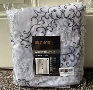 Jin Chan Window Treatment Curtains Embroidered Sheer Drapes 95” Long White Navy - Picture 1 of 3