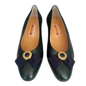 A Testoni Shoes Womens 37 US 6.5 Green & Black Leather Y2K Block Heels Pumps Vtg - Picture 1 of 15