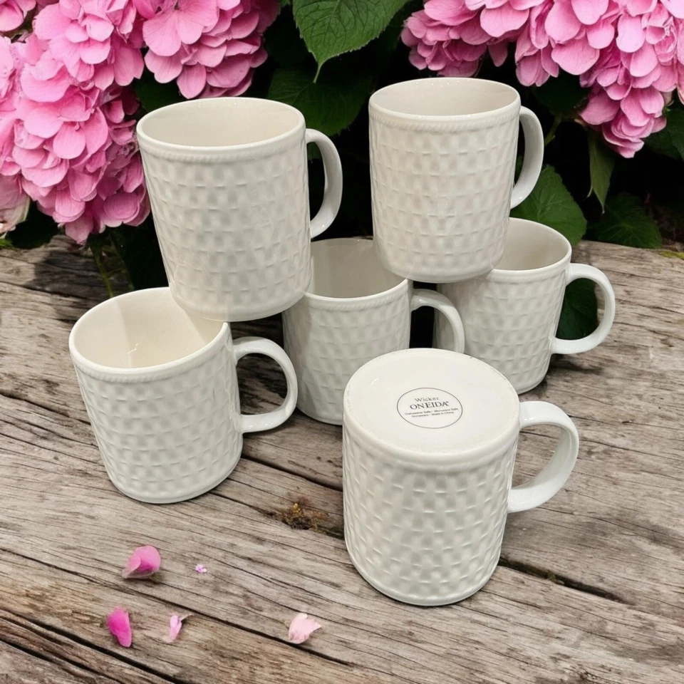 Juego de 6 mimbre Oneida blanco 12 oz. Tazas de café tazas de té cacao lote seis 4+2 Foto 1 de 4
