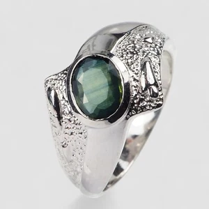 Deep Green Sapphire 925 Sterling Silver White Gold Plated Bezel Rings Size 7.5 - Picture 1 of 8