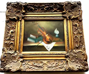Ölgemälde auf Holz – Stillleben mit Violine und Feder, polnischer Herkunft - Bild 1 von 5