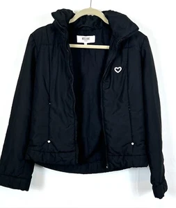 Moschino jeans Heart Y2K  Black Synthetic Down Hooded Jacket Puffer sz 8 *FLAW - Picture 1 of 11