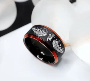 Black Unisex Tungsten Native American Eagle Feather Minimal Wedding Ring - 8mm - Picture 1 of 3