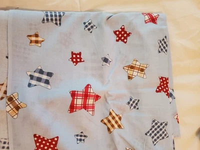 Cotton Fabric Stars Bright Colors Plaids Windowpane Red Blue Tan 30" Long 44" W - Image 1 of 3