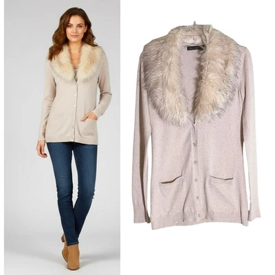 The Limited Cardigan Womens's Sz S Tan Removable Faux Fur Collar Pockets Sweater - Image 1 of 4