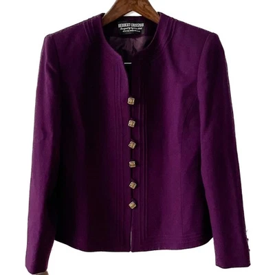 Vintage Herbert Grossman 100% Wool Purple Collarless Blazer Jacket size 10P MP - Image 1 of 4