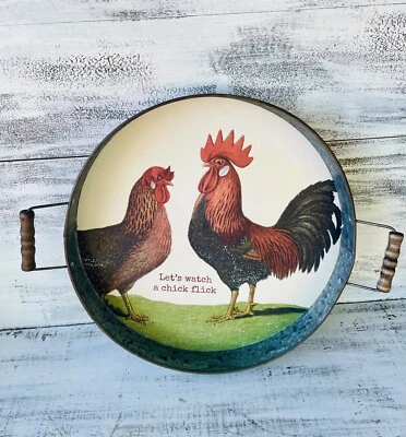Let’s Watch A Chick Flick Galvanized Metal Farmhouse Chicken & Rooster Tray - Image 1 of 4
