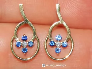18K SOLID YELLOW GOLD SAPPHIRE & DIAMOND 8/10th INCH OPEN CIRCLE OVAL EARRINGS - Picture 1 of 5