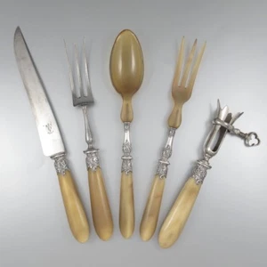 Antique French Horn and Silver, Carving Set, Gigot Holder and Salad Set, 5 pcs - Picture 1 of 12