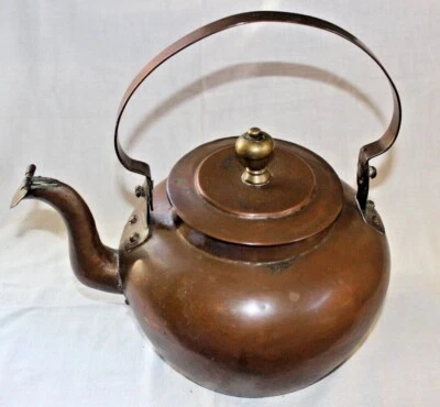 Старинный примитивный медный чайник чайник / горшок для горячей воды с ласточкиним хвостом - Изображение 1 из 4