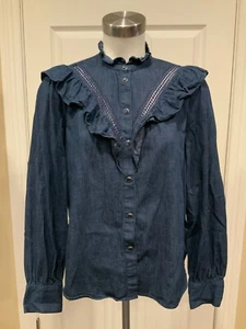 Kate Spade Dark Wash Denim Button Up Shirt W/ Ruffles, Size Medium - Picture 1 of 9