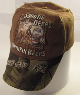 Novelty Hat Men Brown Distressed Shooting Deers Drinkin Beers Camo Logo Hat Roll - Image 1 of 4