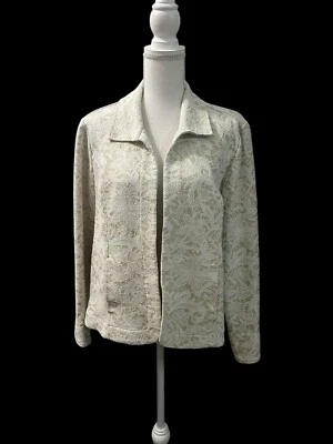 Blazer Cárdigan Chico’s Floral Encaje Bordado Beige Blanco Frente Abierto Bolsillos L Foto 1 de 4