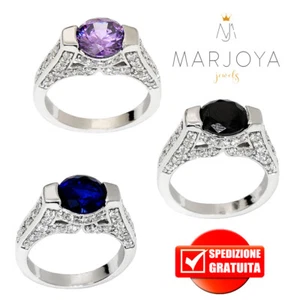 Anello solitario in argento 925 rodiato con zirconi bianchi,nero,blu e viola - Imagen 1 de 13