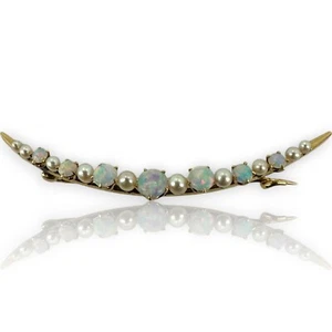 Bates & Klinke Signed 1900-1910s Opal Pearl Crescent Moon Brooch Pin - Picture 1 of 5