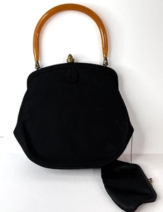 Vintage Morris Moskowitz MM Black Snap Lucite Bakelite Handle Coin Purse Handbag - Picture 1 of 19