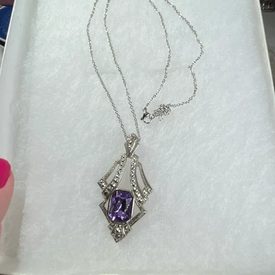 VTG Avon Art Deco styled simulated Amethyst Marcasite necklace - Image 1 of 4