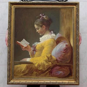 Handmade Old Master-Art Antique Oil Painting book girl on canvas 30"x40" - Picture 1 of 2